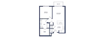 A floor plan of an apartment with a bedroom, living room, kitchen, bathroom, and walk-in closet.