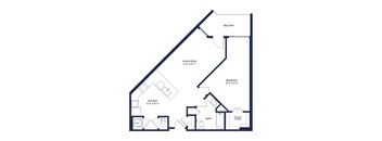 A floor plan of an apartment showing a living room, kitchen, bedroom, and bathroom.
