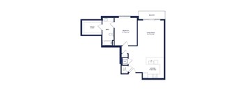 A floor plan of an apartment with a living room, kitchen, bathroom, bedroom, and balcony.