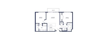 A floor plan of an apartment with a balcony, two bedrooms, a living room, a kitchen, and two baths.