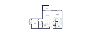 A floor plan of an apartment with a living room, two bedrooms, two bathrooms, and kitchen.