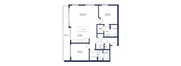 A floorplan image of an apartment with a living room, two bedrooms, a kitchen, and two bathrooms.