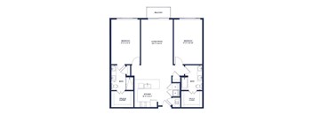 A floor plan of an apartment with two bedrooms, a living room, a kitchen, two bathrooms, and two walk-in closets.