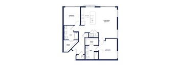A floor plan of an apartment with a living room, two bedrooms, a kitchen, two baths, and two walk-in closets.