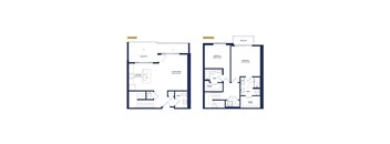 A floor plan of an apartment with two bedrooms, a living room, a kitchen, and two and a half bathrooms.