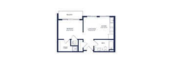 A floor plan of an apartment with a balcony, bedroom, living room, kitchen, bath, and walk-in closet.