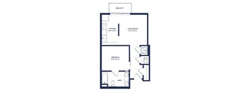 A floor plan of an apartment with a living room, kitchen and bath.