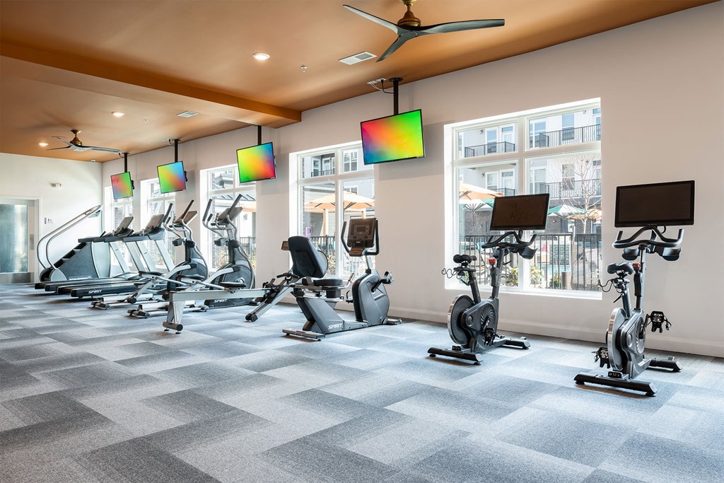 a gym with treadmills and weights in a room with windows