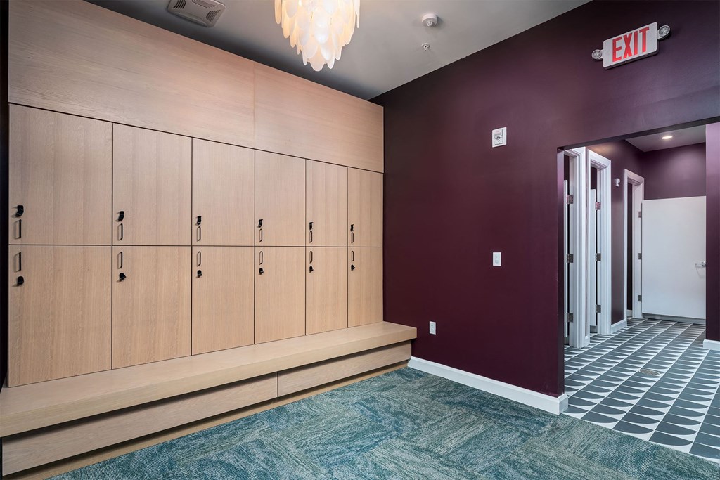 the lockers in the locker room area of the gym at the flats at west