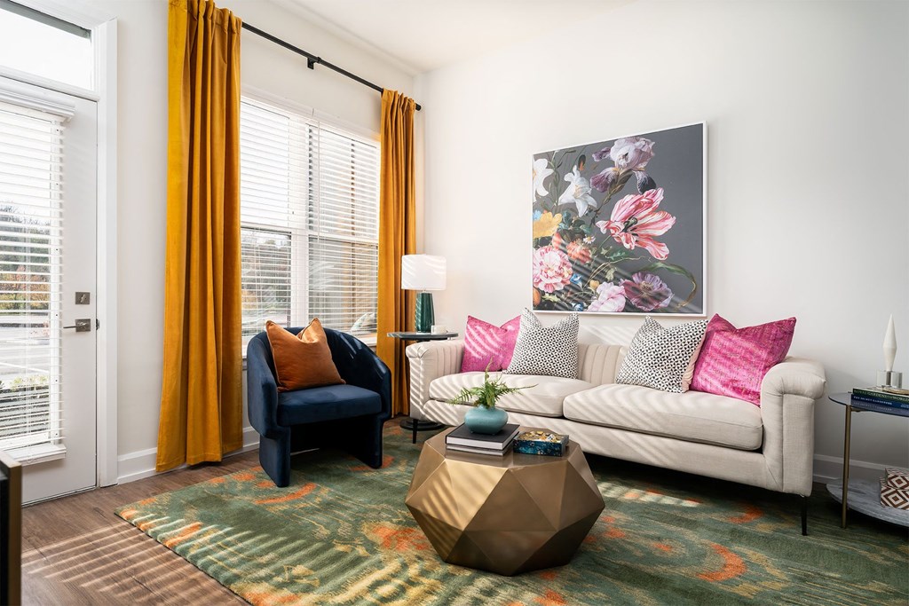 a living room with a couch and a chair and a rug