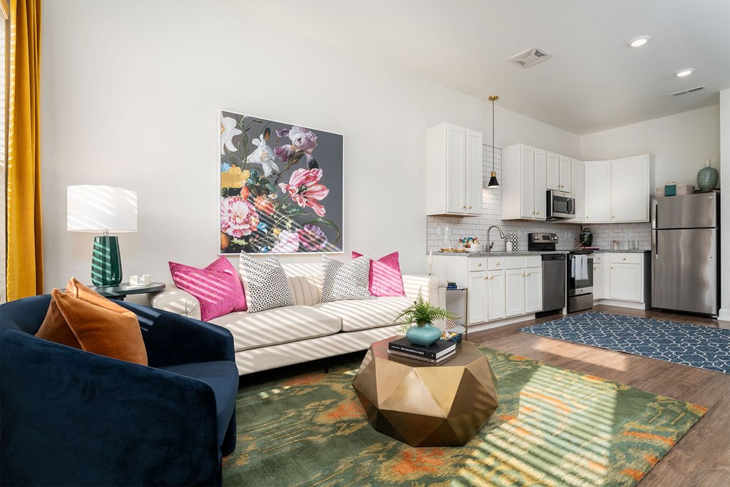 a living room with a couch and a table