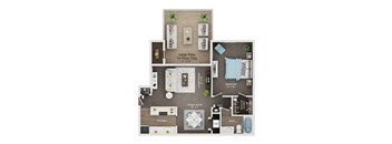 A floor plan of a one-bedroom apartment with a living room, dining room, kitchen, and bathroom.