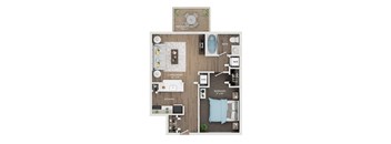 A floor plan of a small apartment with a living room, kitchen, bedroom, bathroom, and balcony.