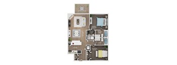 A detailed layout of a house showing the living room, kitchen, and bedrooms.