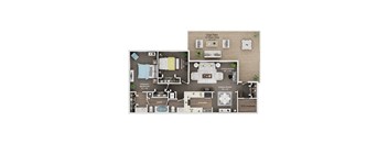 A floor plan of a house with a living room, kitchen, dining room, and bathroom.