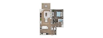 A floor plan of a small apartment with a living room, bedroom, kitchen, and bathroom.
