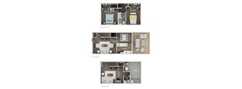 A floor plan of a two-story apartment with a living room, kitchen, and bedrooms.