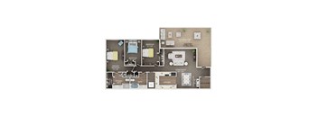 A floor plan of an apartment with two bedrooms, a living room, a kitchen, a bathroom, and a primary bedroom.