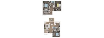 A floor plan of a two-story home with a living room, kitchen, two bedrooms, and a bathroom.