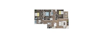 A floor plan of a house with a living room, two bedrooms, a bathroom, a kitchen, and a laundry area.