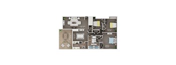 A floor plan of a house with a living room, dining room, kitchen, pantry, two bedrooms, and bathrooms.