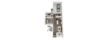 A top-down view of a small apartment with a kitchen, living room, and bedroom.