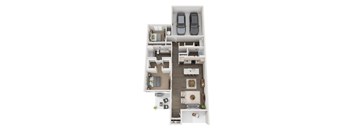 A top-down view of a two-bedroom apartment with a living room, kitchen, and bathroom.