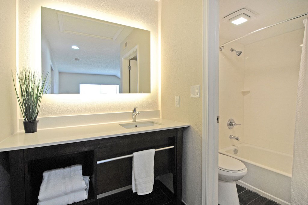 a bathroom with a sink and a mirror in a hotel room