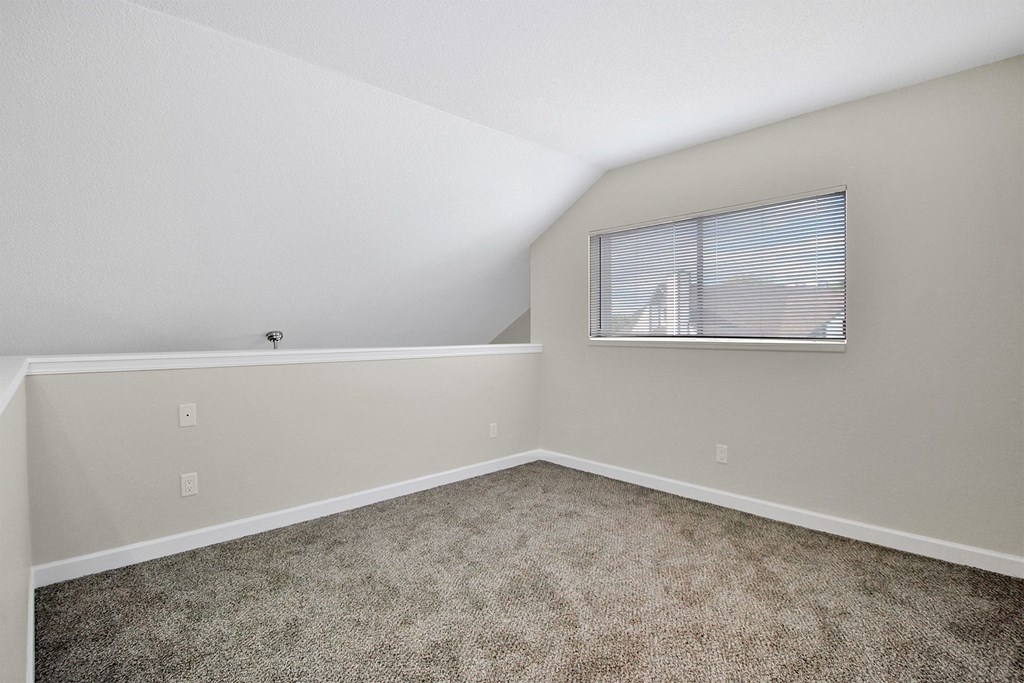 an empty bedroom with carpet and a window
