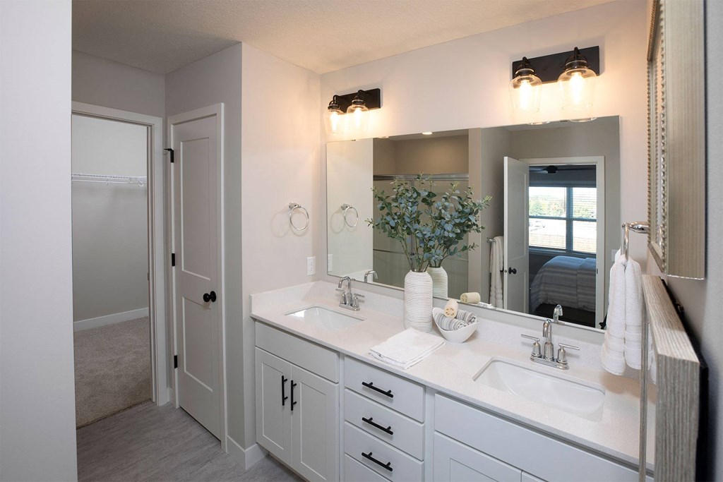 a bathroom with a large mirror and two sinks