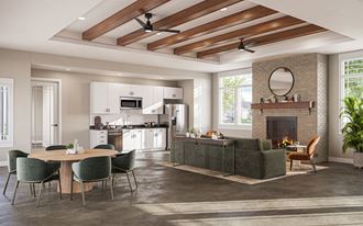 a rendering of a living room with a fireplace and a kitchen in the background