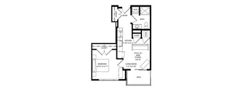 A floor plan of a studio apartment with a bedroom, kitchen, living room, and bathroom.