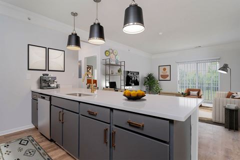 a large kitchen with a large counter top