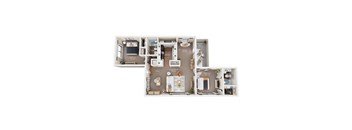 A floor plan of a living room, kitchen, and two bedrooms.