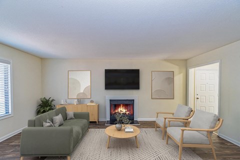 A living room with a fireplace and a television.