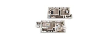 A floor plan of a two-story apartment with a living room, two bedrooms, a bathroom, a kitchen, and a laundry area.
