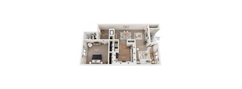 A floor plan of a home with a bedroom, bathroom, kitchen, dining room, and living room.
