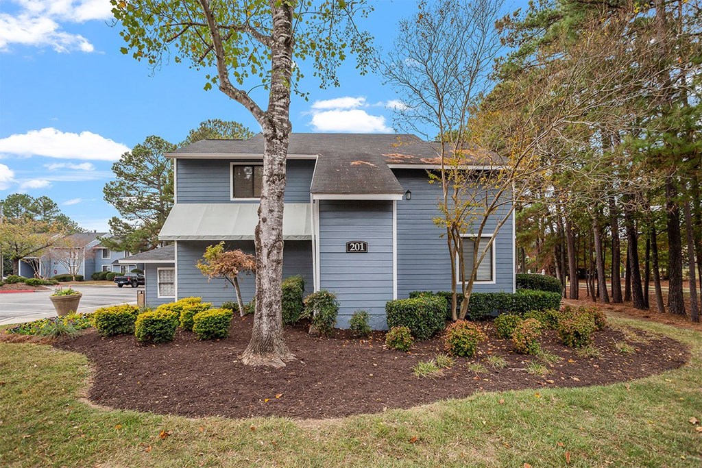 A house with a grey siding and a tree in front of it.