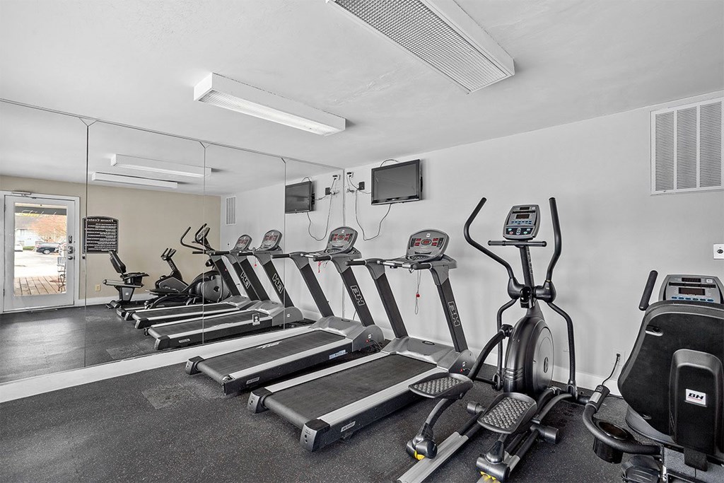 A gym with treadmills, elliptical machines, and a television.