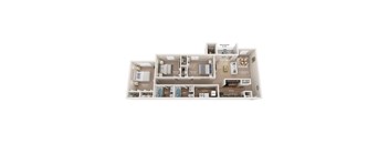 A floor plan of a house with a balcony, two bedrooms, a living room, a dining room, a kitchen, a laundry room, and a garage.