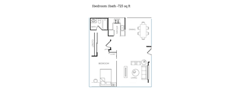 A floor plan of a one bedroom, one bath, 725 square foot apartment.