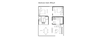 A floor plan of a 2 bedroom 1 bath 995 sq ft apartment.