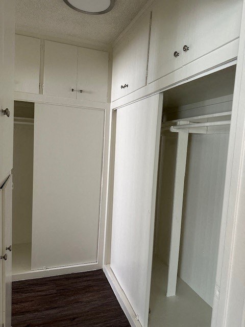 a walk in closet with white cabinets and