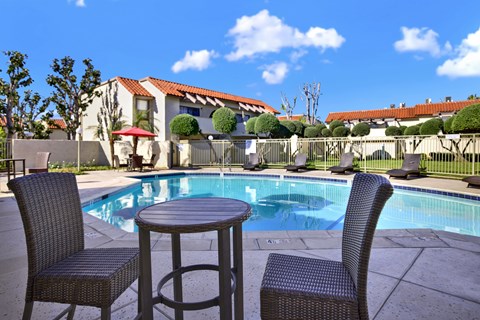 A table and two chairs are set up by a pool.