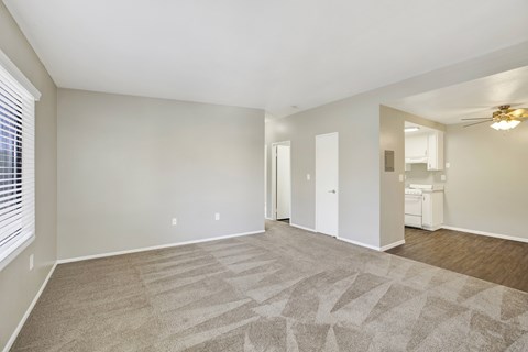 A spacious room with a carpeted floor and a ceiling fan.