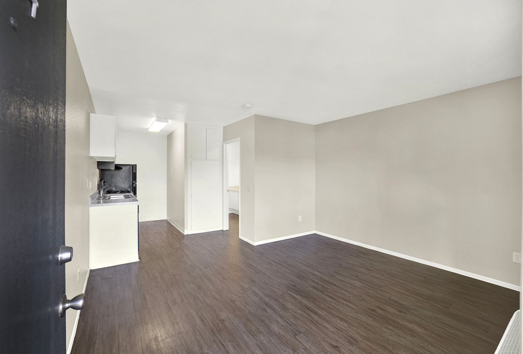 A room with a black door and a white cabinet.