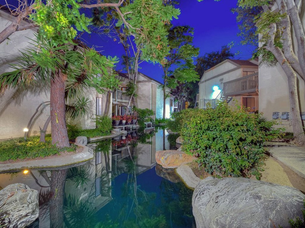 Streams and lush landscaping at LAKE DIANNE, Santa Ana, CA