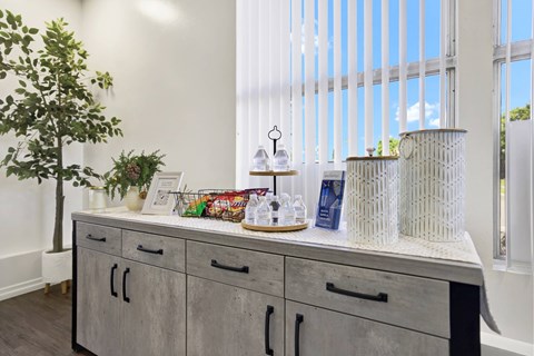 A kitchen counter with a tray of snacks and a plant on it.
