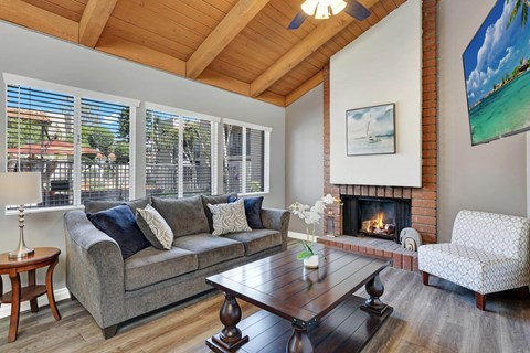 A living room with a grey couch and a fireplace.