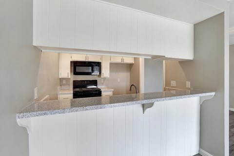 A kitchen with white cabinets and a granite countertop.